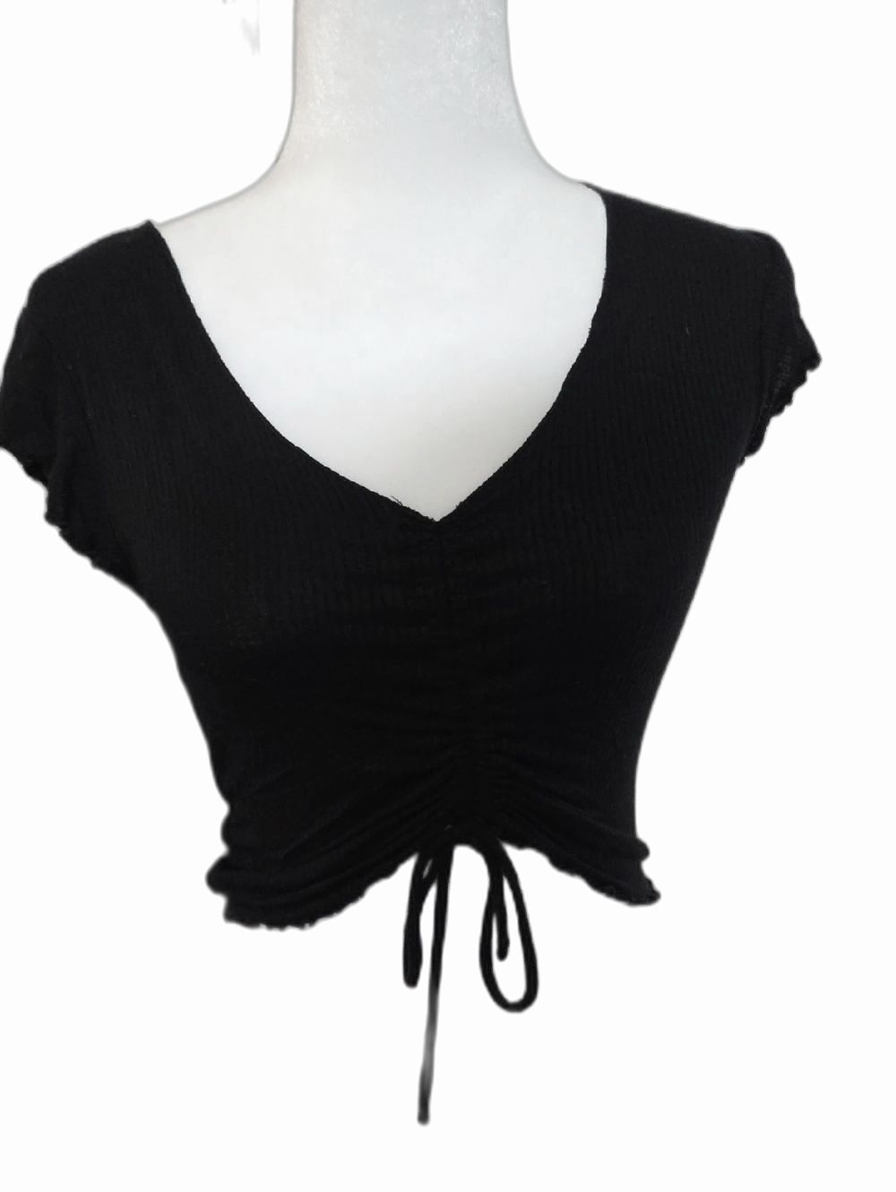 Black Ruched V-Neck Drawstring Crop Top